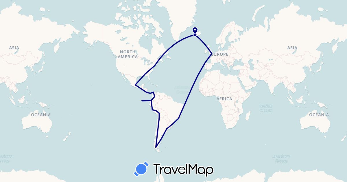 TravelMap itinerary: driving in Argentina, Bolivia, Brazil, Chile, Colombia, Costa Rica, Ecuador, United Kingdom, Iceland, Mexico, Panama, Peru, United States (Europe, North America, South America)